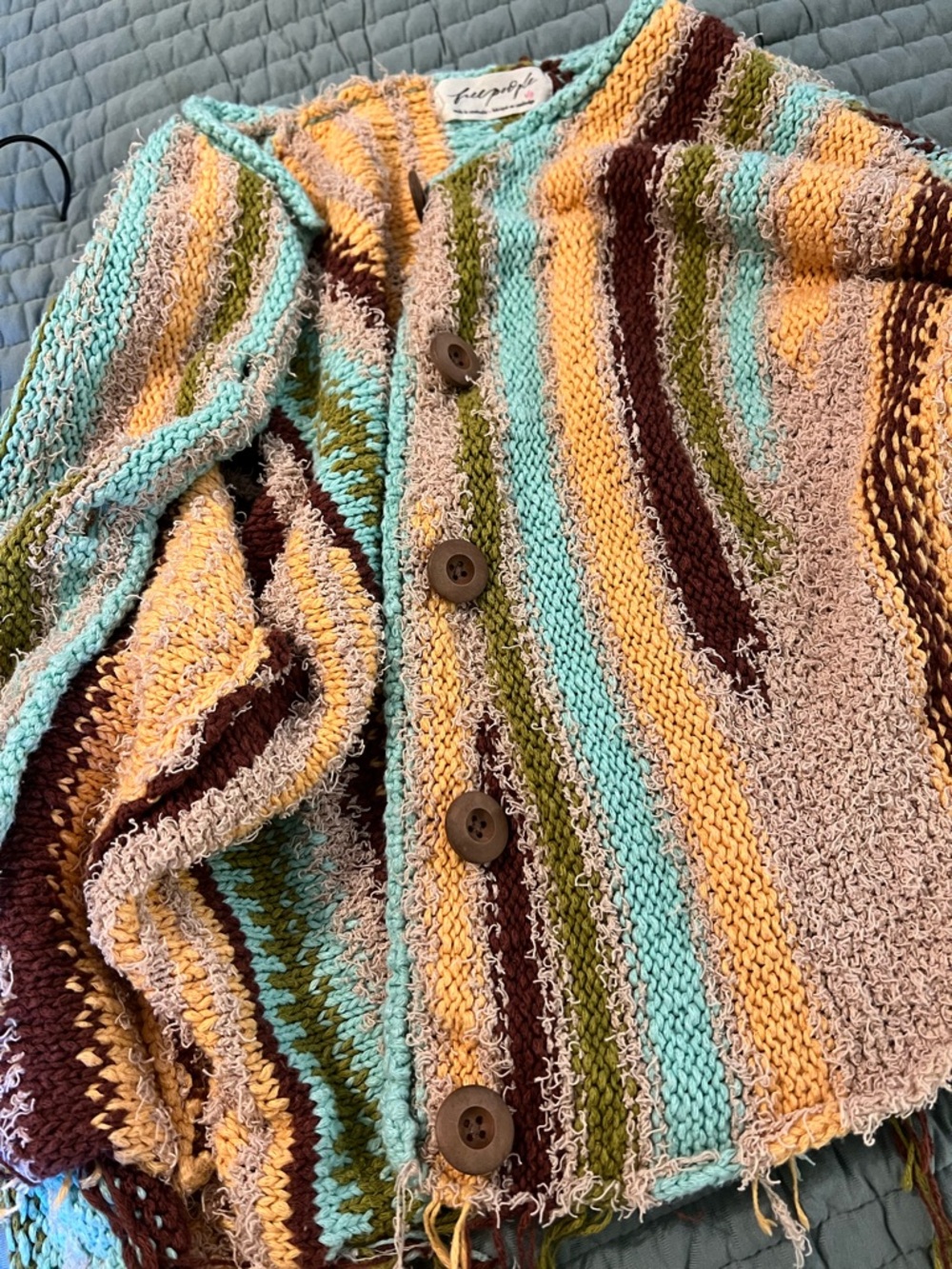 Free People Striped Hand-Knit Cropped Cardigan in Mint, Mustard & Brown - Picture 3 of 6